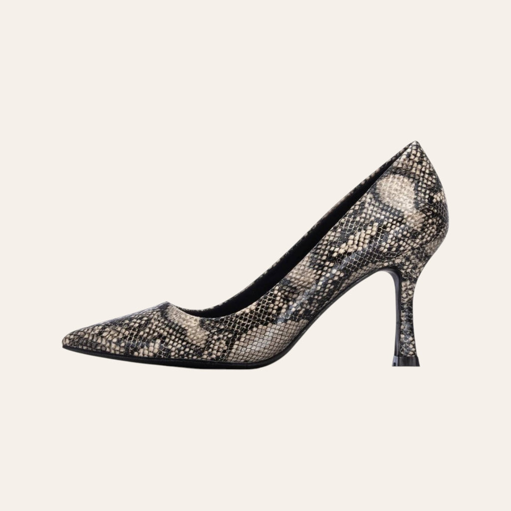 So and Ro - shoes and more - Stephanie stiletto pump in a black, beige, and taupe snake print leather-look finish.