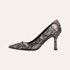 So and Ro - shoes and more - Stephanie stiletto pump in a black, beige, and taupe snake print leather-look finish.