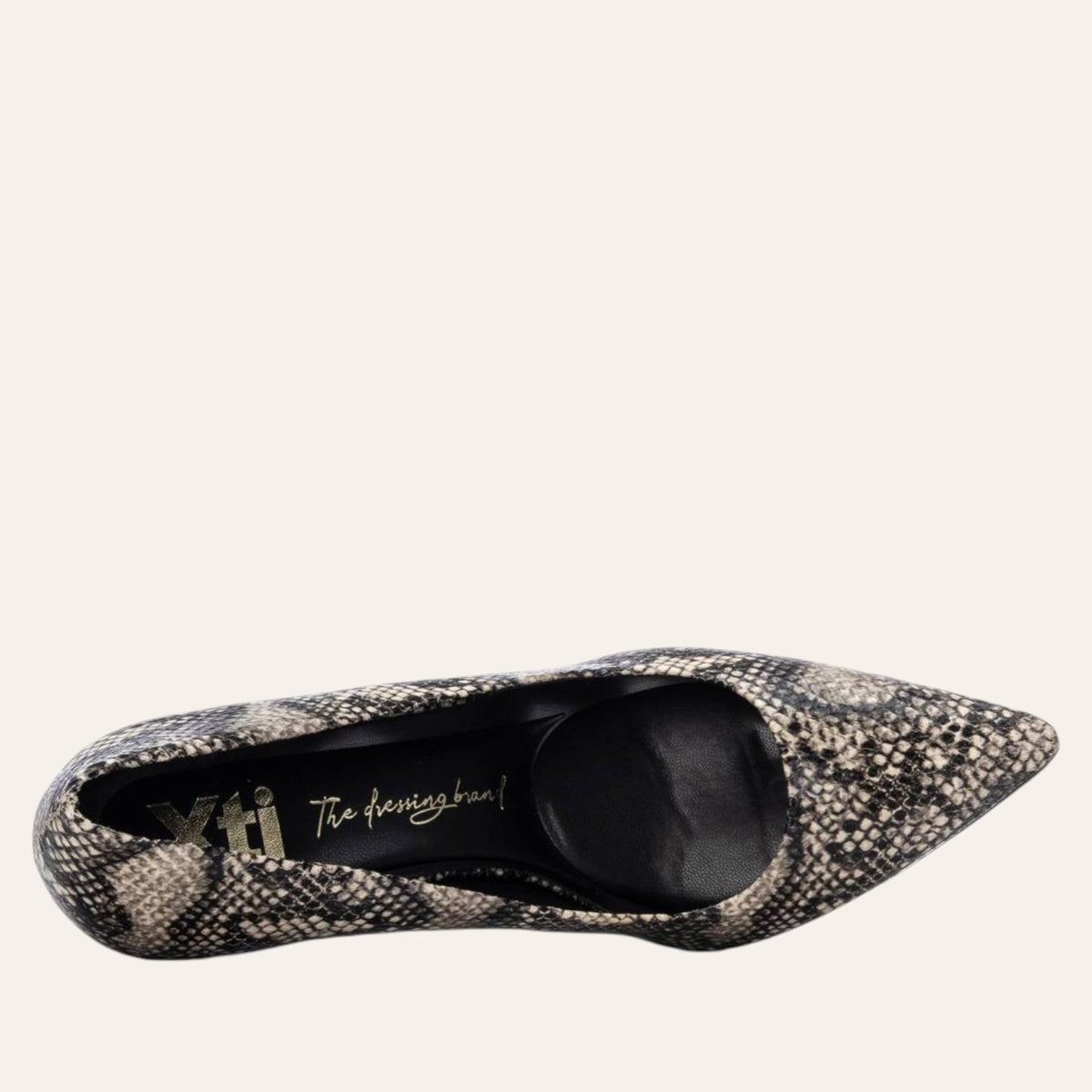 So and Ro - shoes and more - Stephanie stiletto pump in a black, beige, and taupe snake print faux leather