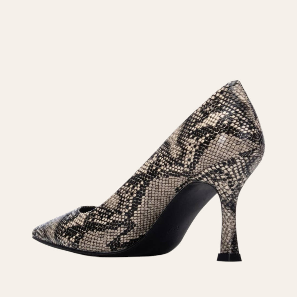 So and Ro - shoes and more - Stephanie stiletto pump in a black, beige, and taupe snake print faux leather