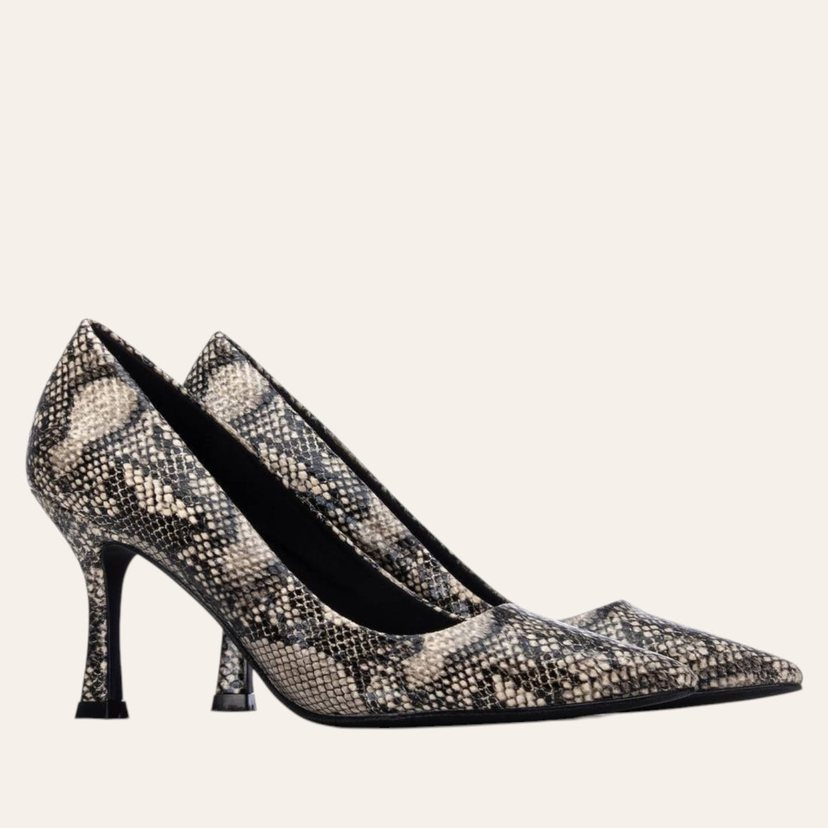 So and Ro - shoes and more - Stephanie stiletto pumps in a black, beige, and taupe snake print faux leather finish.