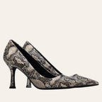 So and Ro - shoes and more - Stephanie stiletto pumps in a black, beige, and taupe snake print leather-look finish.
