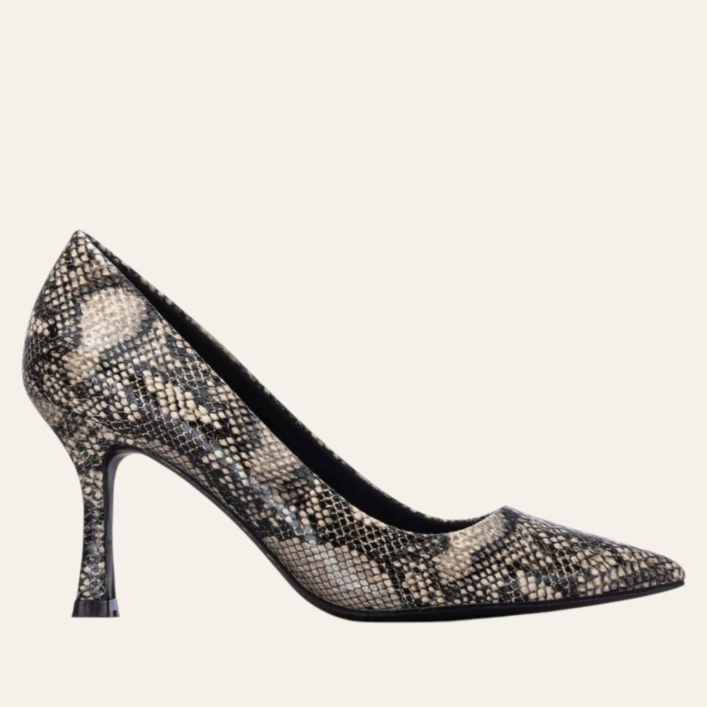 So and Ro - shoes and more - Stephanie stiletto pump in a black, beige, and taupe snakeskin print faux leather.
