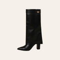 So and Ro - shoes and more - Sophia black faux leather high boot with pointed toe, block heel, and metal detail.