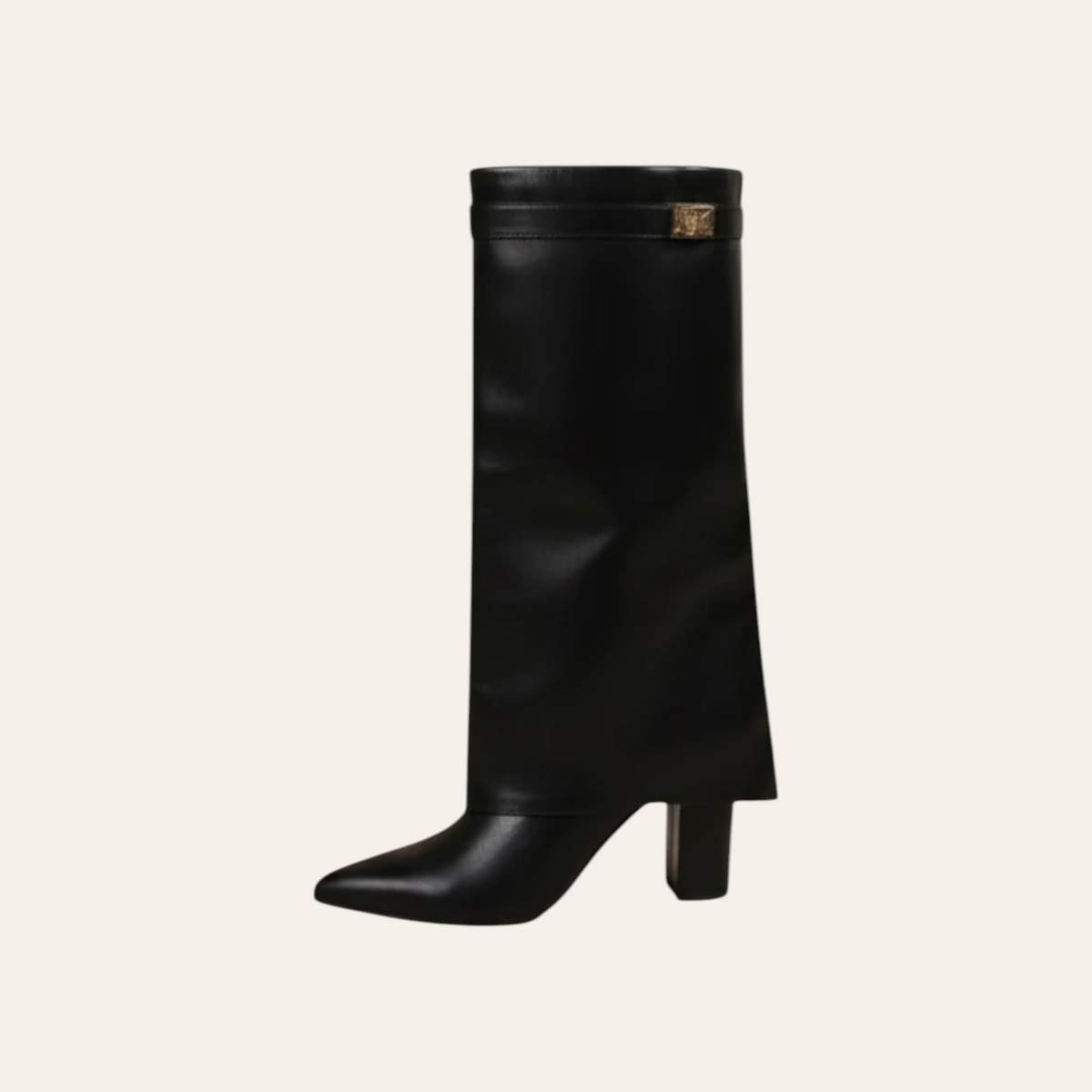 So and Ro - shoes and more - Sophia black faux leather high boot with pointed toe, block heel, and metal detail.