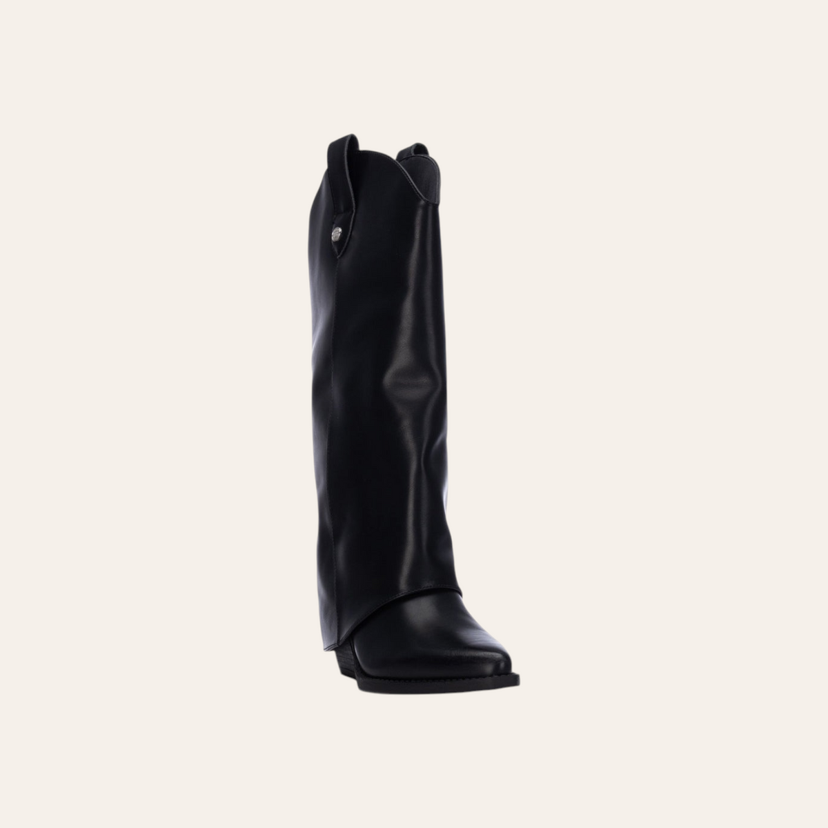 So and Ro - shoes and more - Stella black faux leather western-style knee-high boot with a folded cuff and block heel.
