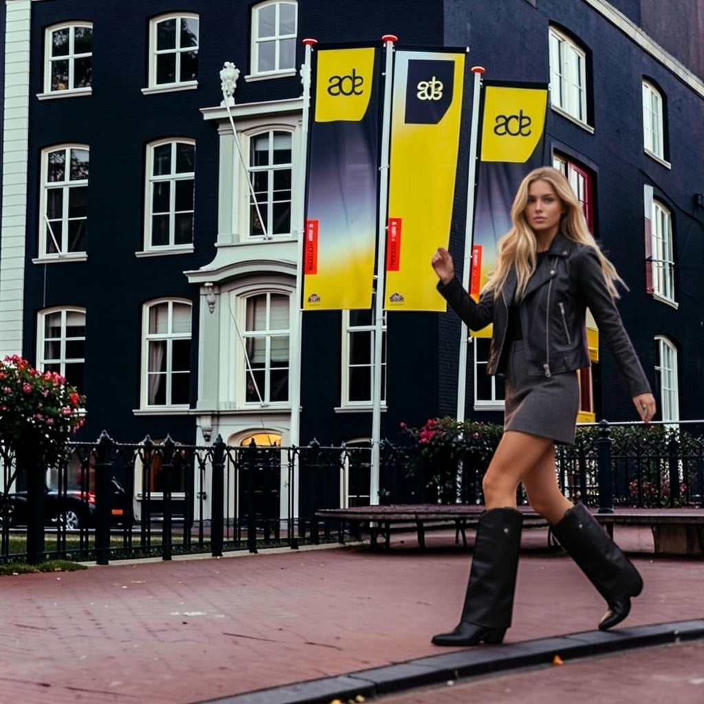 Model draagt So and Ro - shoes and more - Stella zwarte lederlook omslaglaarzen met westernhak in een stadse setting.