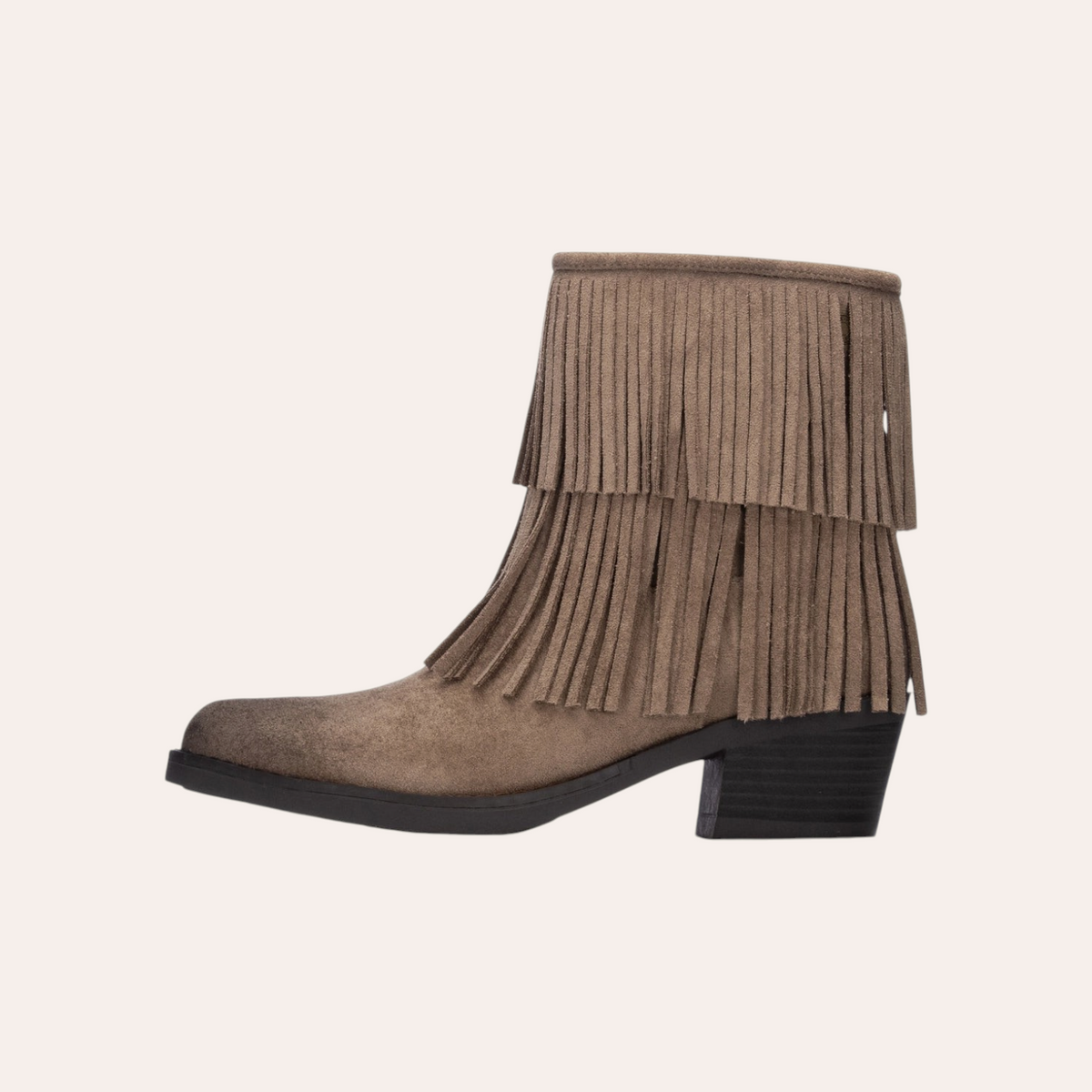 So and Ro - shoes and more - Fran taupe suède enkellaars met dubbele franje en lage hak