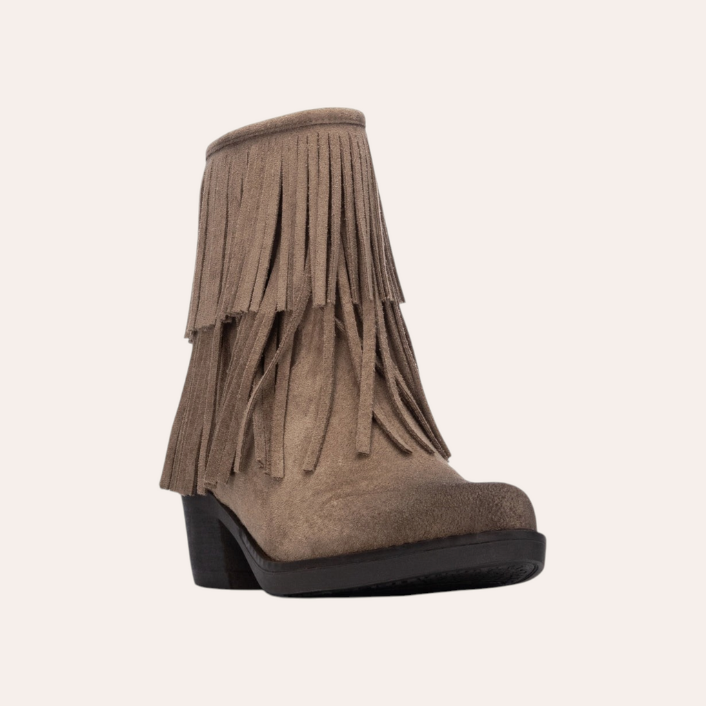 So and Ro - shoes and more - Fran taupe enkellaars met franjes en blokhak in suède-look
