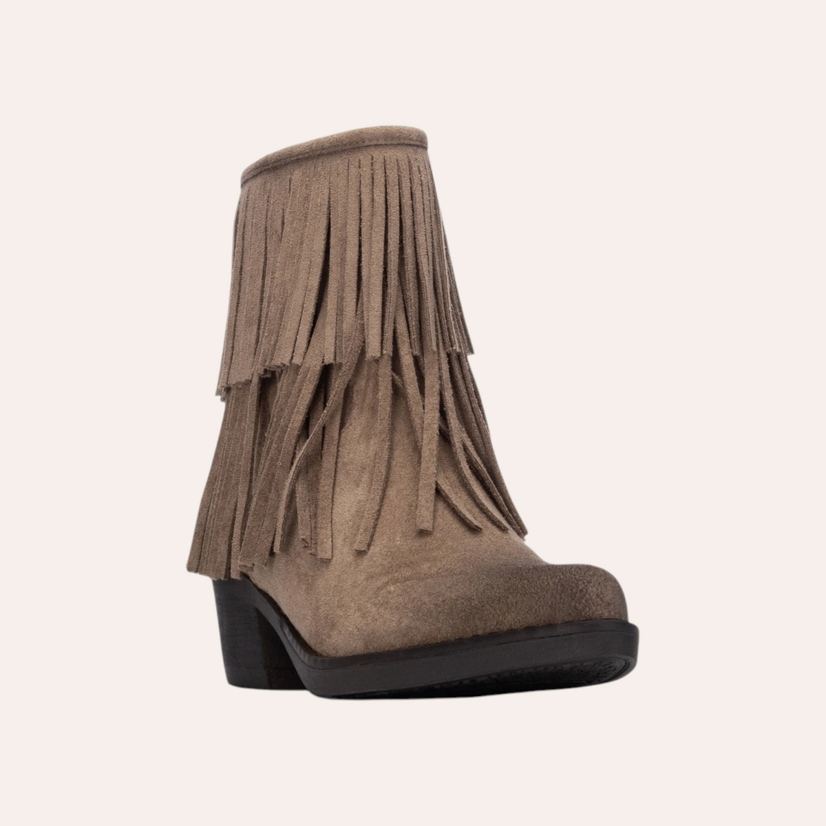 So and Ro - shoes and more - Fran taupe enkellaars met franjes en blokhak in suède-look