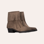 So and Ro - shoes and more - Fran taupe suède enkellaarzen met dubbele franjes en een lage hak