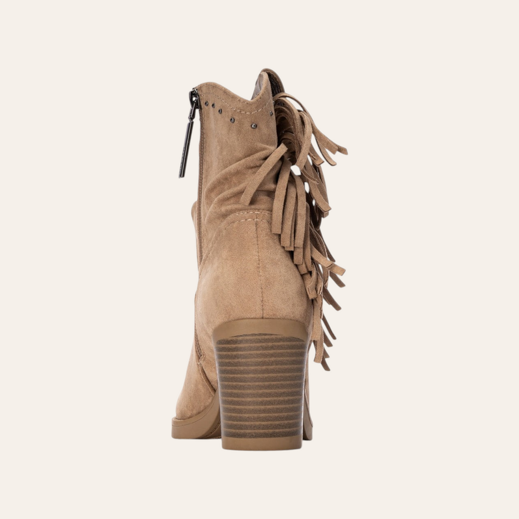 So and Ro - shoes and more - Francis taupe microsuede ankle boots with fringe detail and side zipper, back view