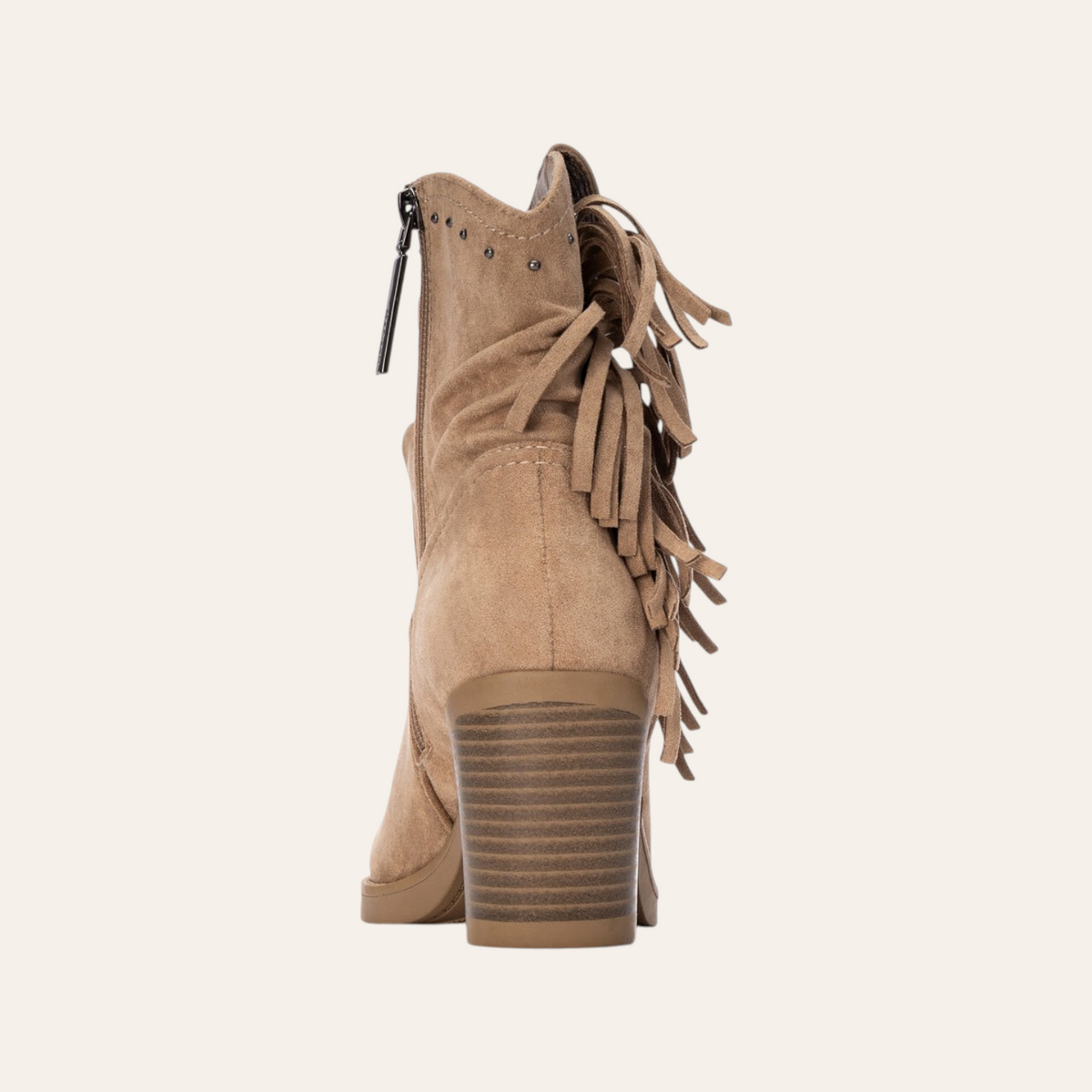 So and Ro - shoes and more - Francis taupe microsuede ankle boots with fringe detail and side zipper, back view