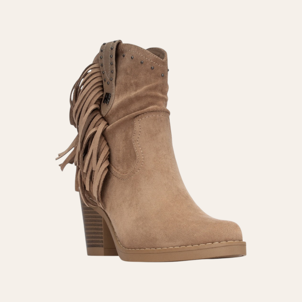 So and Ro - shoes and more - Francis taupe microsuede ankle boots with side fringe and stud detailing