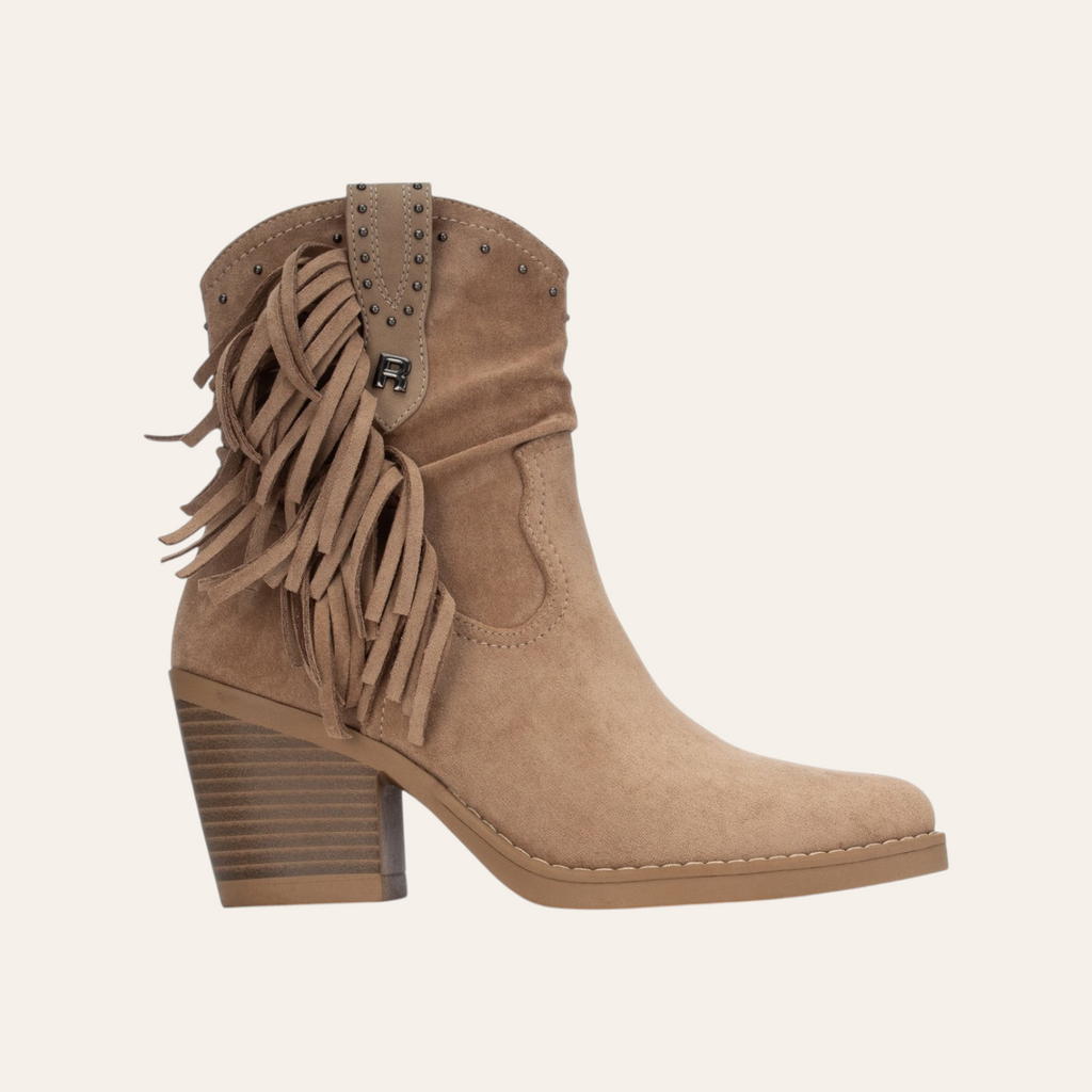 So and Ro - shoes and more - Francis taupe microsuede western ankle boots with fringe detail and stud accents