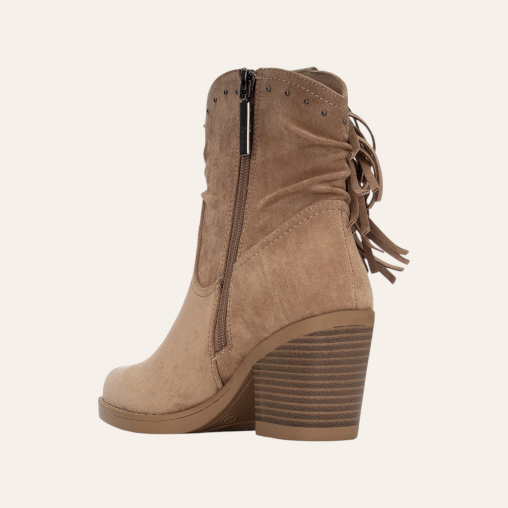 So and Ro - shoes and more - Francis taupe microsuede ankle boots with side zipper and fringe detail