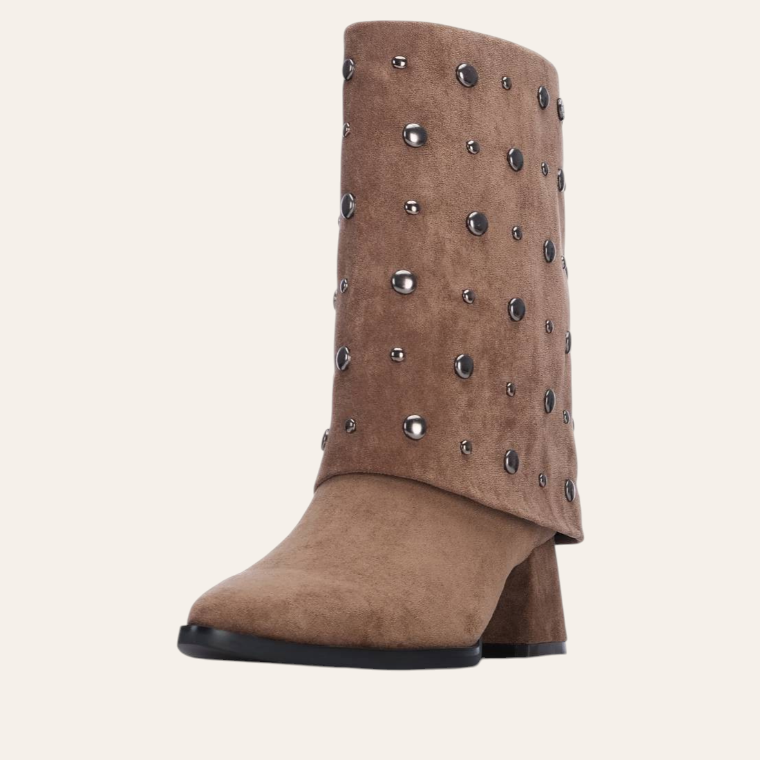 So and Ro - shoes and more - Dora taupe microsuede ankle boots with a folded cuff and gunmetal stud embellishments.