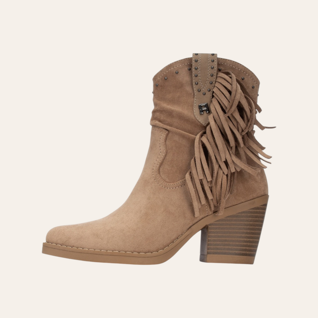 So and Ro - shoes and more - Francis taupe microsuede western ankle boot with fringe detail and studded trim
