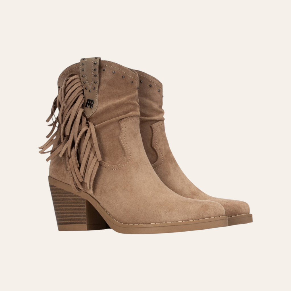 So and Ro - shoes and more - Francis taupe microsuede ankle boots with fringe detailing and studded accents