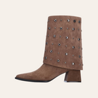 So and Ro - shoes and more - Dora taupe microsuède enkellaars met omslag, gunmetalkleurige studs en stevige blokhak.