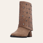 So and Ro - shoes and more - Dora taupe microsuède enkellaars met omslag, gunmetalkleurige studs en stevige blokhak.