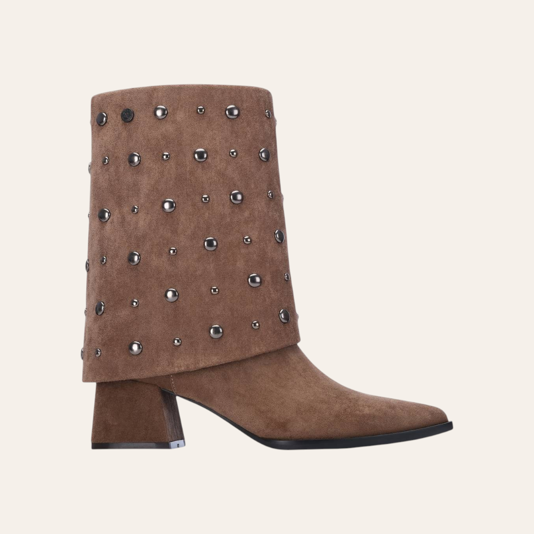 So and Ro - shoes and more - Dora taupe microsuède enkellaars met omslag, gunmetalkleurige studs en stevige blokhak.