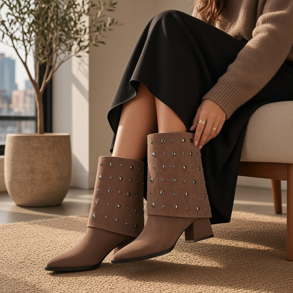 So and Ro - shoes and more - Dora taupe microsuède enkellaars met brede omslag en gunmetalkleurige studs