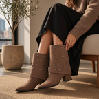 So and Ro - shoes and more - Dora taupe microsuède enkellaars met brede omslag en gunmetalkleurige studs