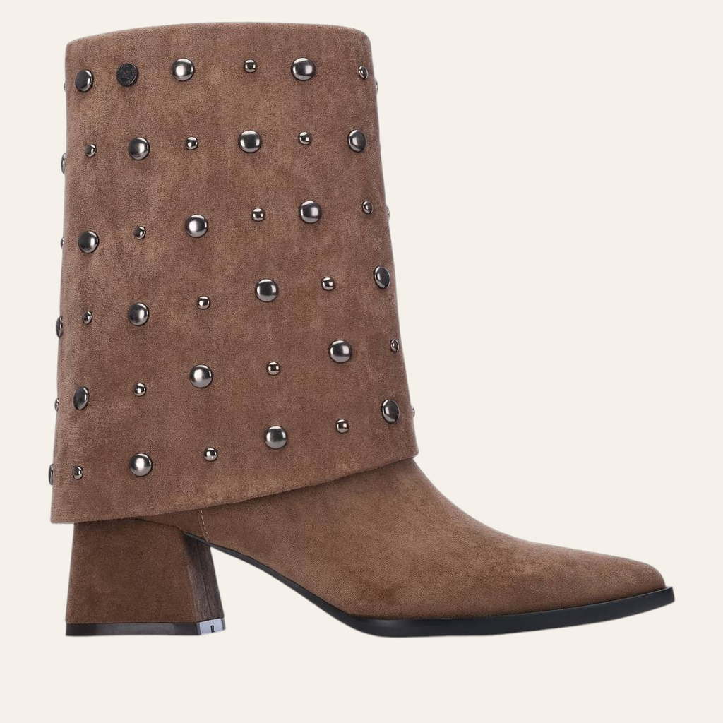 So and Ro - shoes and more - Dora taupe microsuede fold-over ankle boot with gunmetal studs and a sturdy block heel.