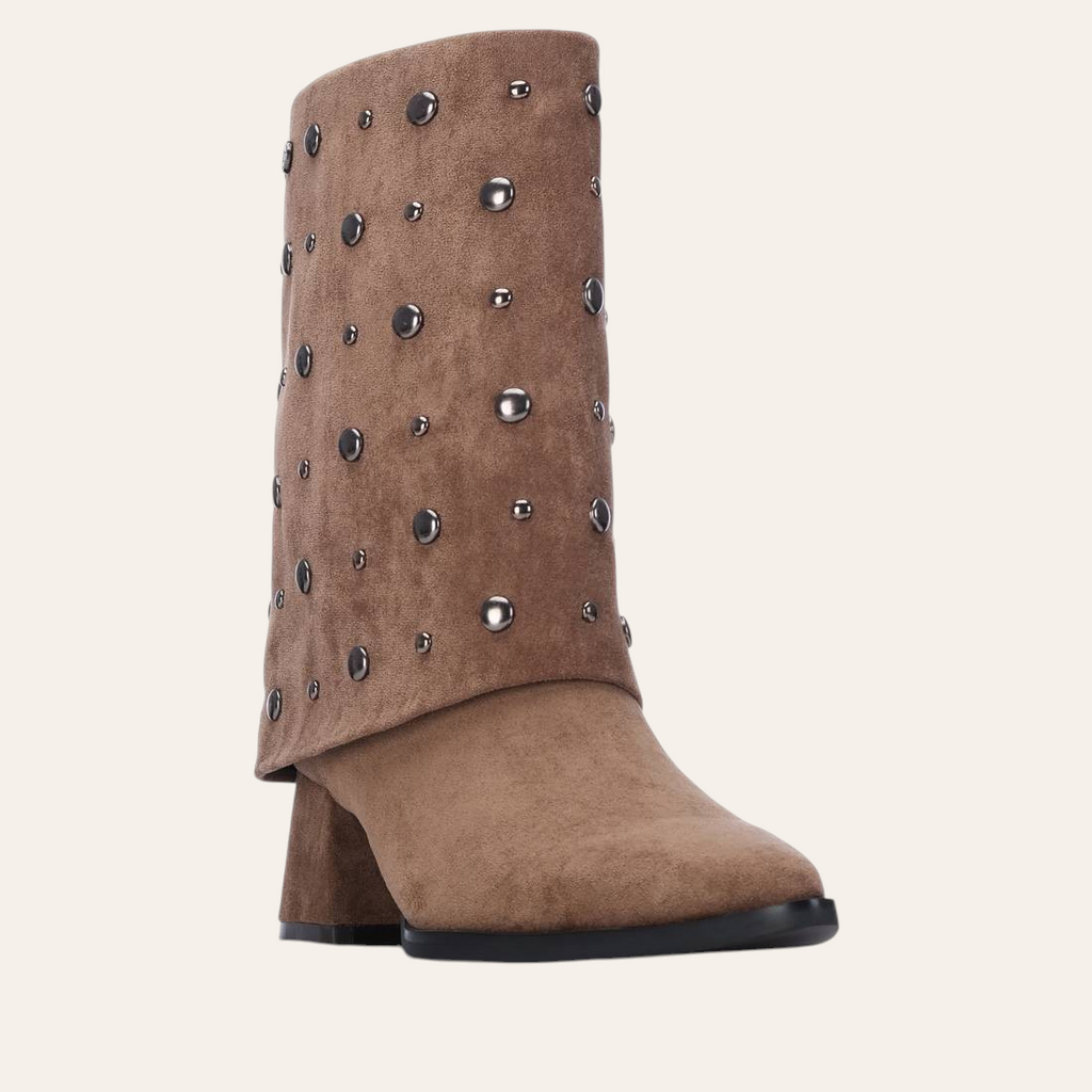 So and Ro - shoes and more - Dora taupe microsuede ankle boots with a wide cuff and gunmetal stud embellishments.
