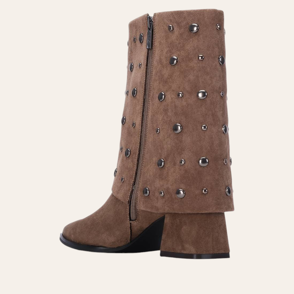 So and Ro - shoes and more - Dora taupe microsuede fold-over ankle boots with gunmetal studs and block heel