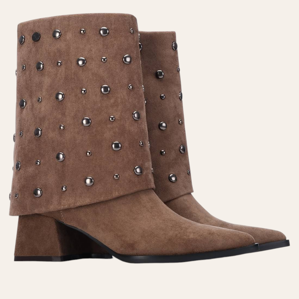 So and Ro - shoes and more - Dora taupe microsuede ankle boots with a wide cuff and gunmetal stud embellishments.