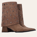 So and Ro - shoes and more - Dora taupe microsuede ankle boots with a wide cuff and gunmetal stud embellishments.