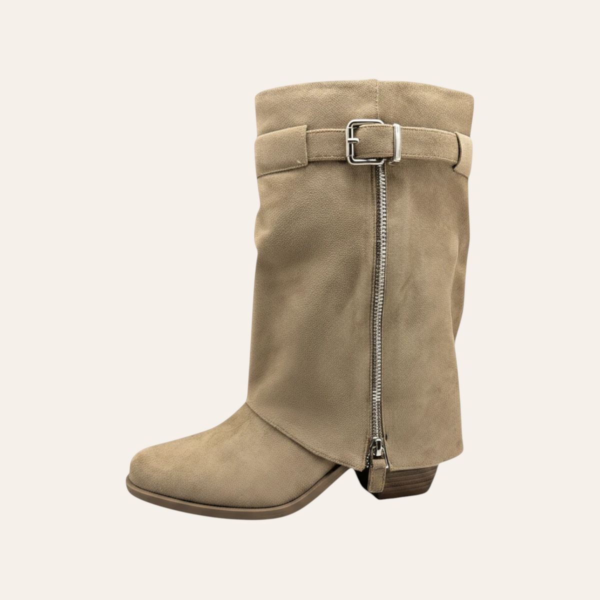 So and Ro - shoes and more - Zelma taupe microsuede western-style ankle boots with side zipper and buckle detail