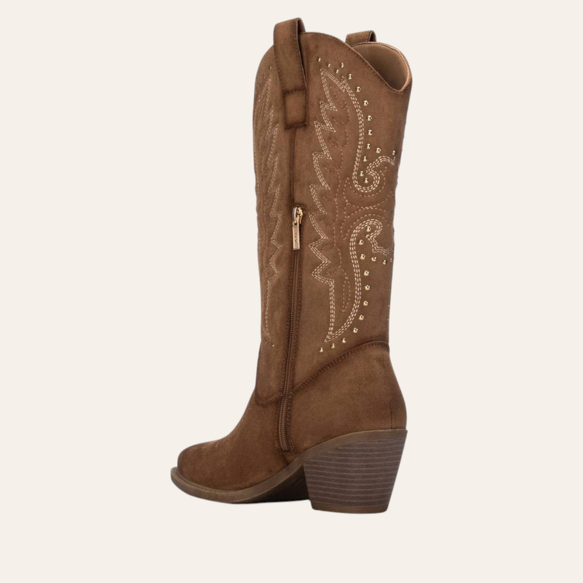 So and Ro - shoes and more - Wendy taupe microsuede western boots with decorative embroidery and gold studs