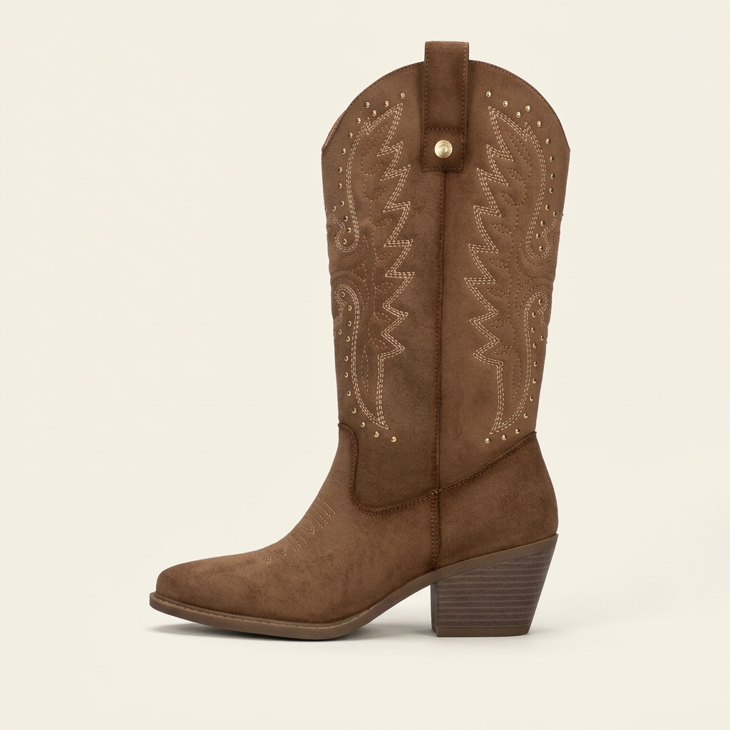 So and Ro - shoes and more - Wendy taupe microsuede western boots with decorative embroidery and gold studs