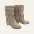 So and Ro - shoes and more - Zelma taupe microsuede western-style ankle boots with side zipper and buckle detail