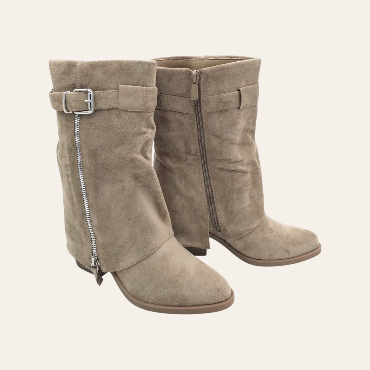 So and Ro - shoes and more - Zelma taupe microsuede western-style ankle boots with side zipper and buckle detail