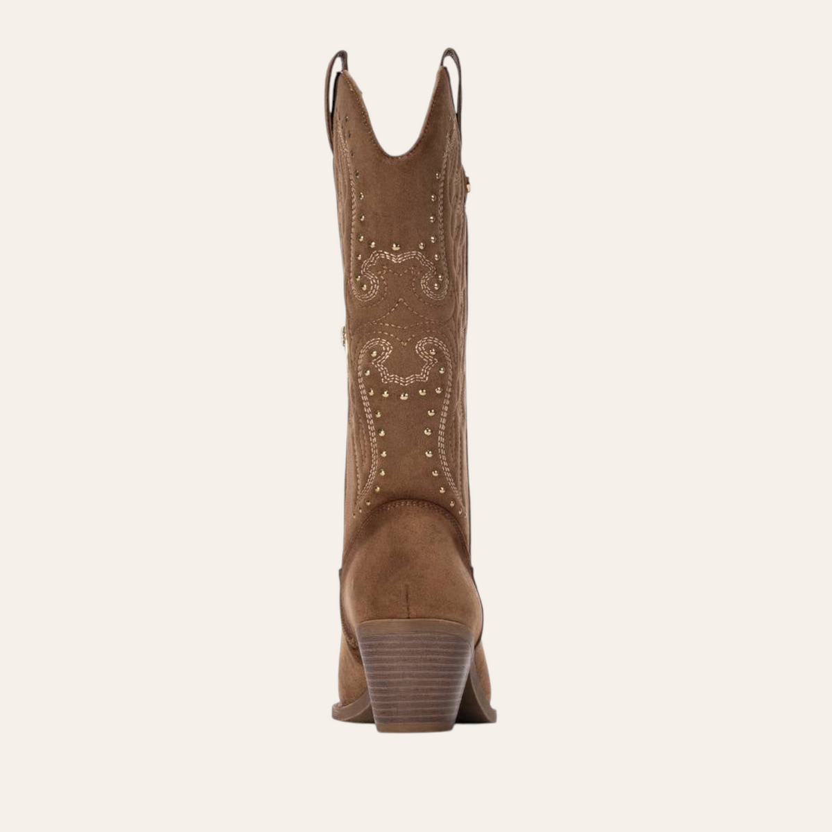 So and Ro - shoes and more - Wendy taupe microsuede western boots with decorative embroidery and gold studs, back view