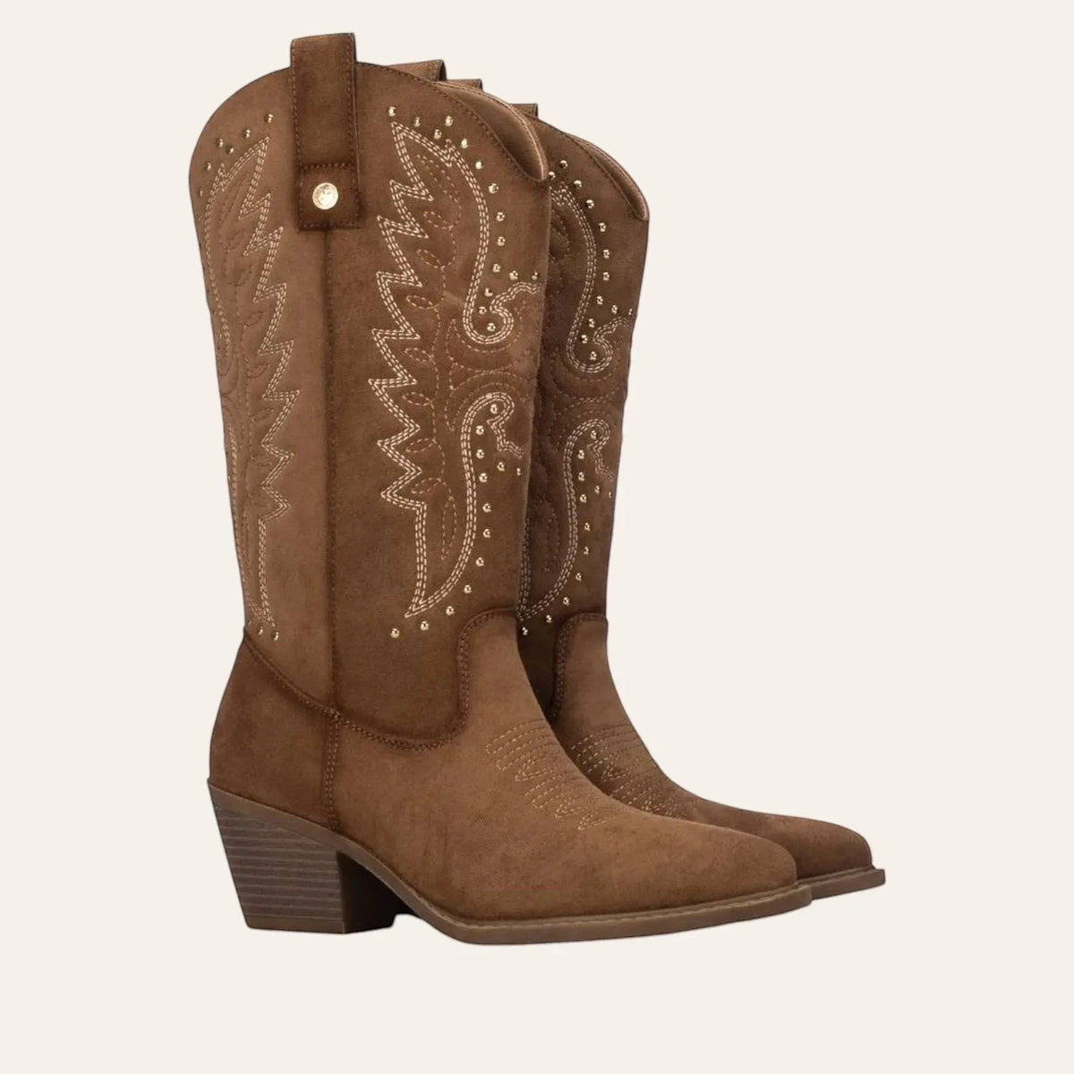 So and Ro - shoes and more - Wendy taupe microsuede western boots with intricate embroidery and gold stud details.
