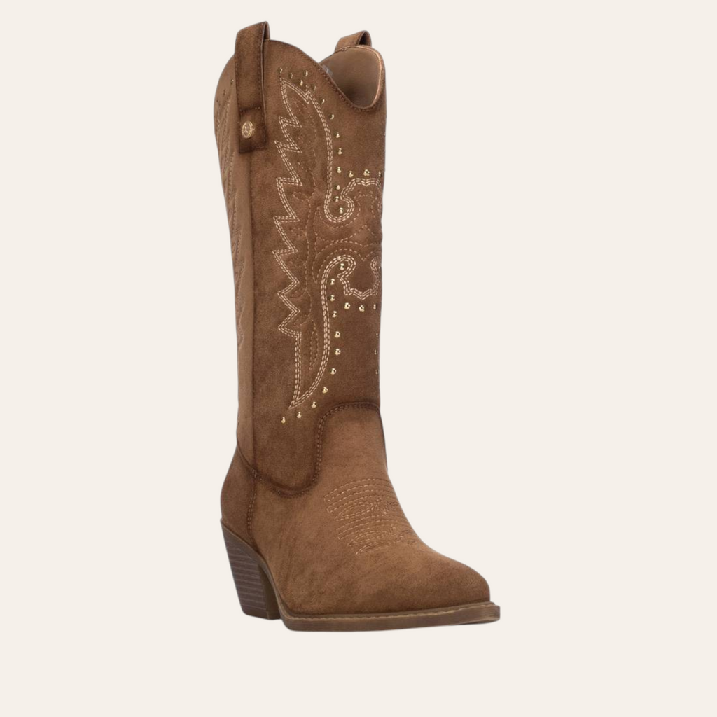 So and Ro - shoes and more - Wendy taupe microsuede western boots with decorative embroidery and gold studs