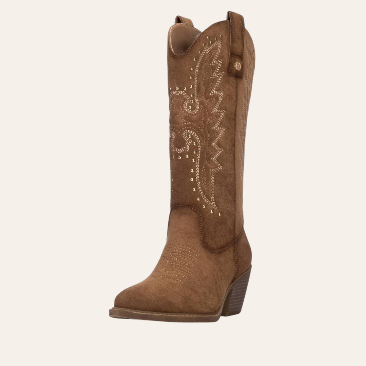 So and Ro - shoes and more - Wendy taupe microsuede western boots with decorative embroidery and gold studs