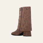 So and Ro - shoes and more - Dora taupe microsuède enkellaars met brede omslag, gunmetal studs en stevige blokhak.