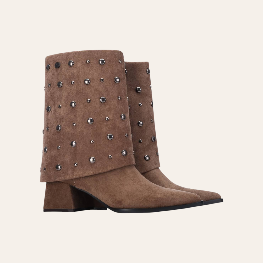So and Ro - shoes and more - Dora taupe microsuède enkellaars met omslag, gunmetalkleurige studs en stevige blokhak.