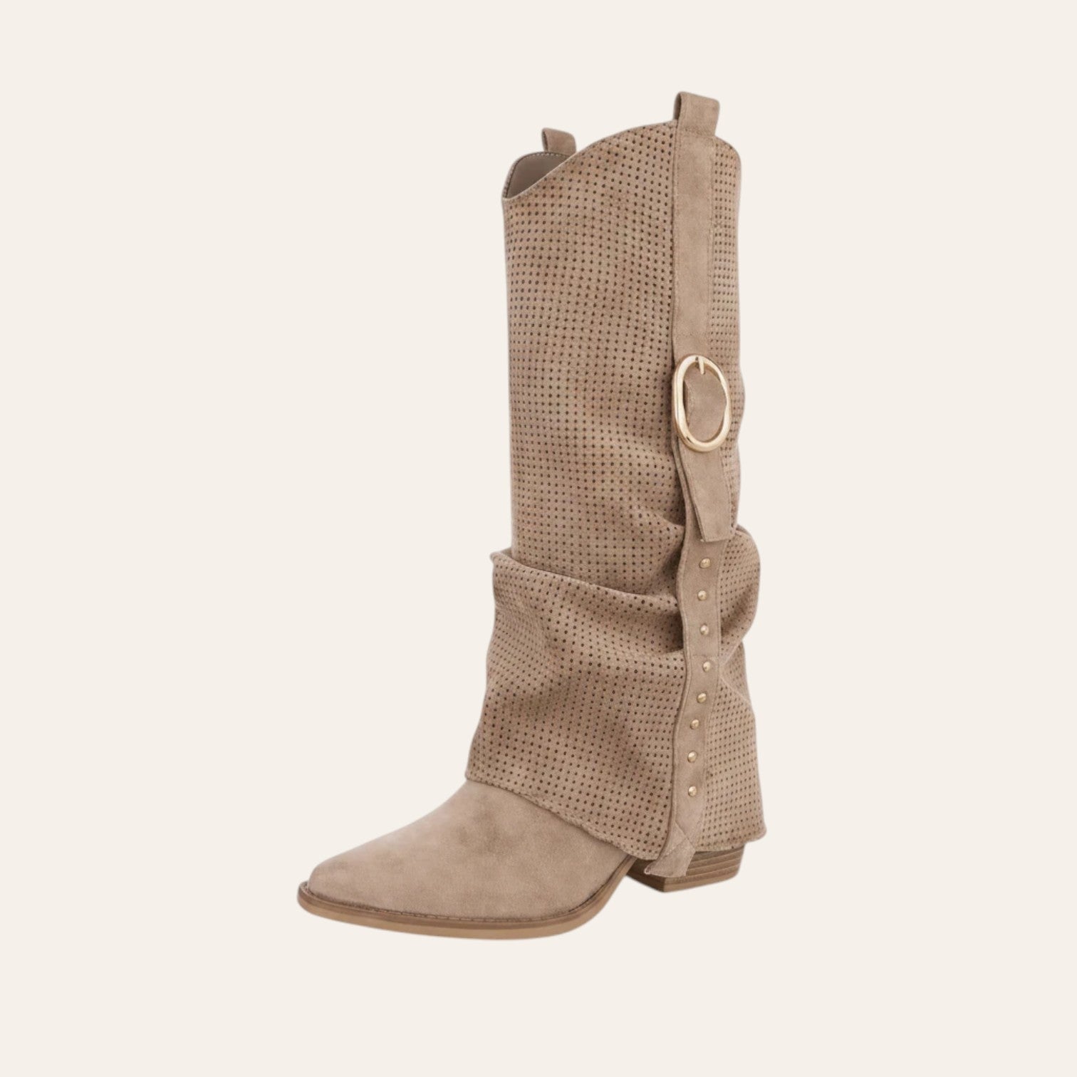 So and Ro - shoes and more - Cemi kniehoge taupe laars van microsuède met perforatie, gouden gesp en blokhak