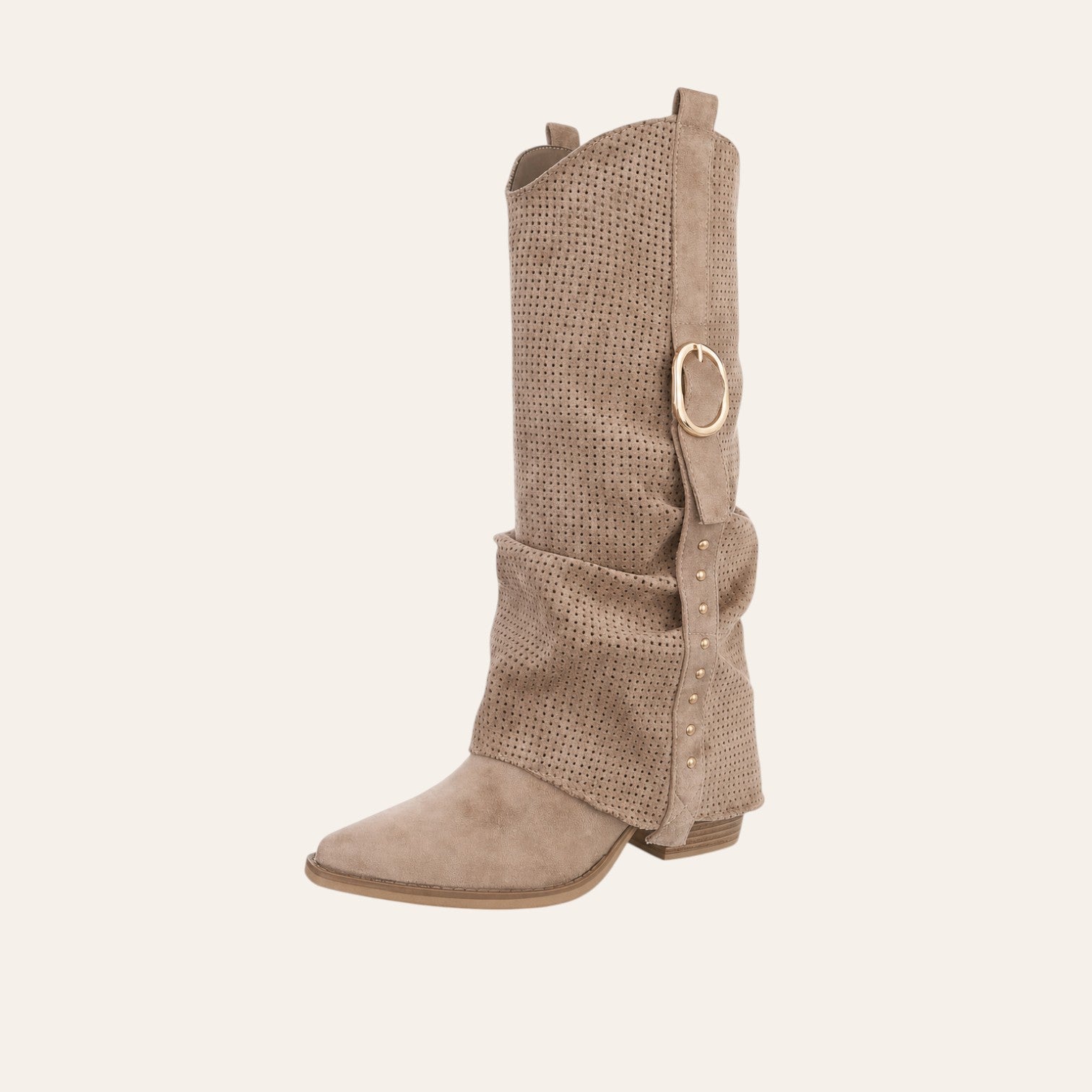 So and Ro - shoes and more - Cemi taupe kniehoge laars van microsuède met perforatie, gouden gesp en omgeslagen schacht