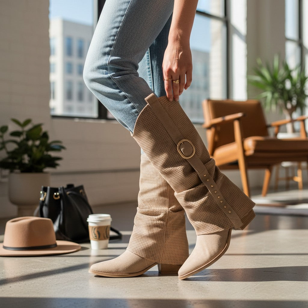 So and Ro - shoes and more - Cemi taupekleurige kniehoge laarzen van microsuède met perforaties en gouden gesp.