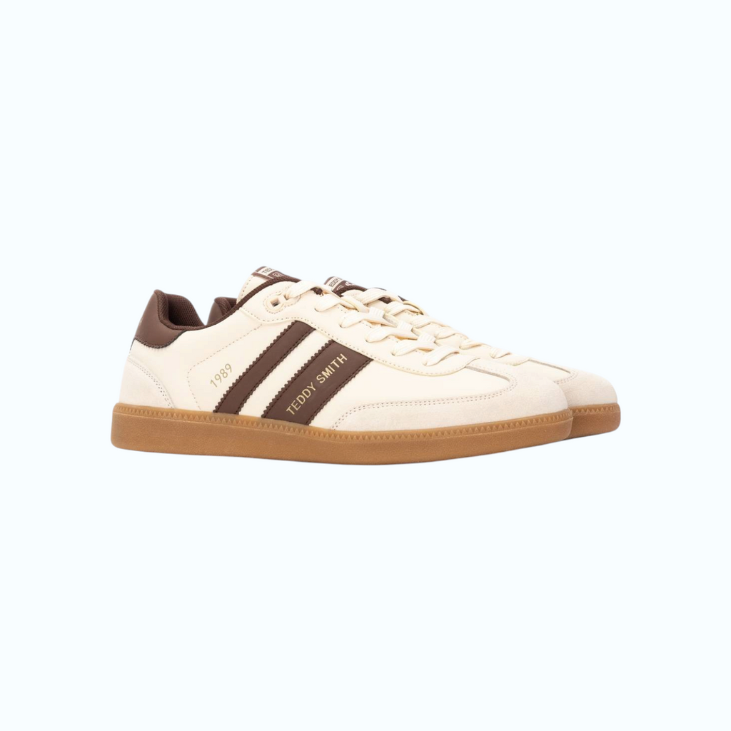 So and Ro - shoes and more - Teddy Smith Frans herensneakers in wit en bruin met retro design en vetersluiting