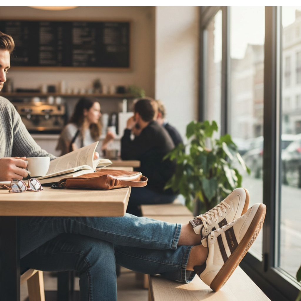 So and Ro - shoes and more - Teddy Smith Frans herensneakers in wit en bruin met vetersluiting in een café setting