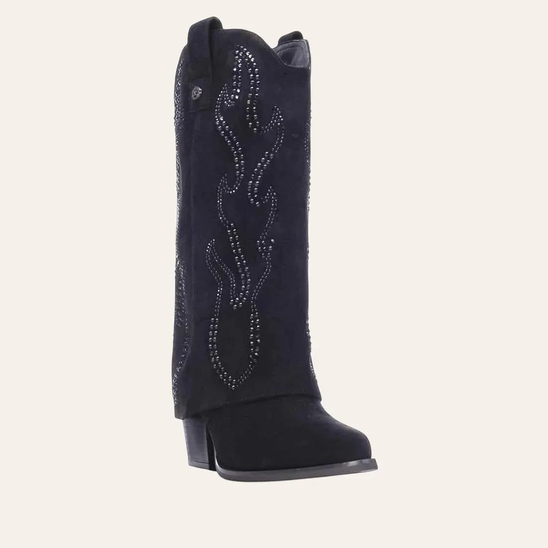 So and Ro - shoes and more - Tifa black microsuede western-style fold-over boot with decorative studs and block heel